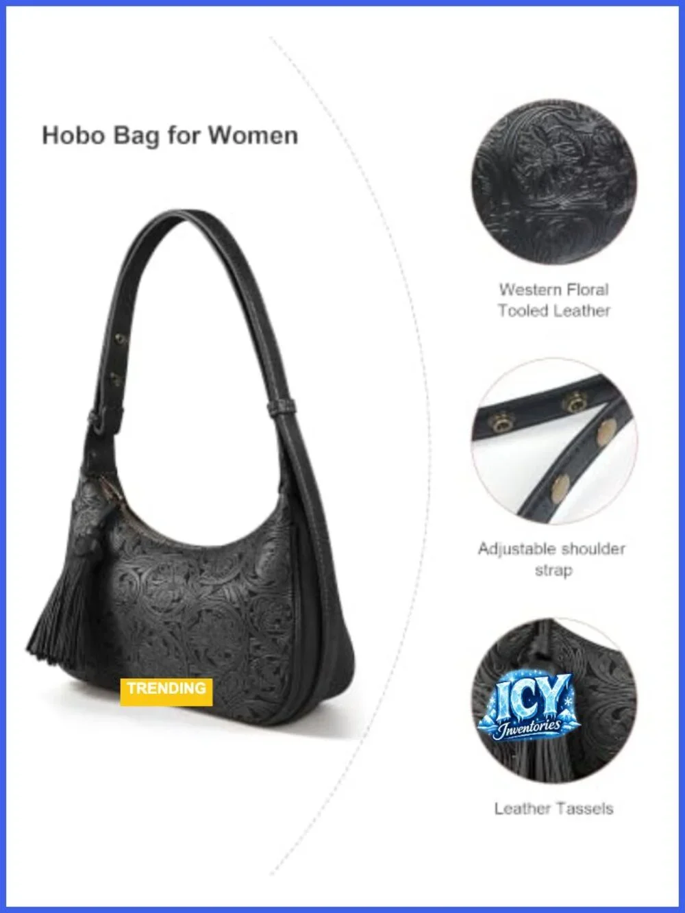 Vegan Leather Floral Embossed Hobo Shoulder Bag Crossbody Purse Tassel